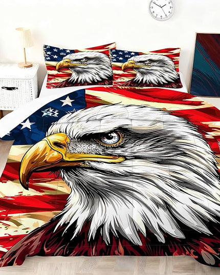 USA Flag Bedding Set Queen Size for Boys Kids Teens American Eagle Comforter Set Wildlife Animal Bird Decor Bedding Red Striped Stars Quilt Set with 1 Comforter +2 Pillowcases