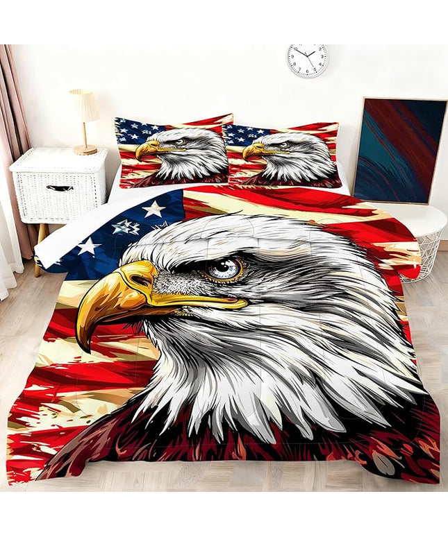 USA Flag Bedding Set Queen Size for Boys Kids Teens American Eagle Comforter Set Wildlife Animal Bird Decor Bedding Red Striped Stars Quilt Set with 1 Comforter +2 Pillowcases