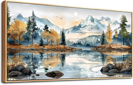 ERQINHUA Large Canvas Wood Framed Abstract Wall Art Living Room Wall Decor for Bedroom Office Decoration Watercolour Paint Tree Lakeside Landscapes Picture Artwork Home Decor Ready to Hang 30x60 In