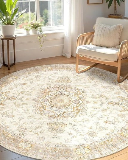 Boho Round Rug 5ft, Circle Area Rugs for Bedroom Living Room Bedside,Washable Vintage Bohemian Distressed Oriental Floral Carpet Non Slip,Retro Beige Floral