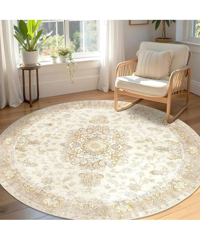 Boho Round Rug 5ft, Circle Area Rugs for Bedroom Living Room Bedside,Washable Vintage Bohemian Distressed Oriental Floral Carpet Non Slip,Retro Beige Floral