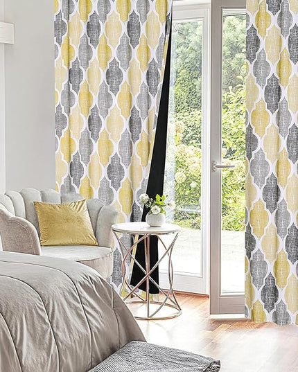 Beauoop 100% Blackout Curtains 84 Inches Long 2 Panels for Bedroom Living Room Yellow Grey Moroccan Geo Room Darkening Thermal Insulated Soundproof Rod Pocket Back Tab Window Treatments Drapes, 50x84