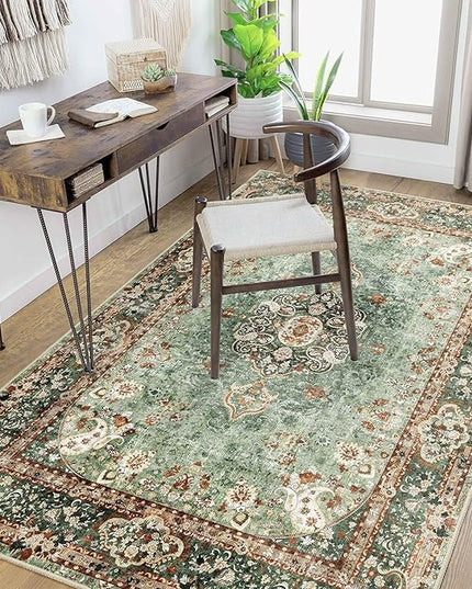 Green Rug 4'x6.5',Washable Area Rugs for Bedroom Living Room Kitchen Entryway,Small Boho Vintage Bohemian Distressed Oriental Non Slip Carpet