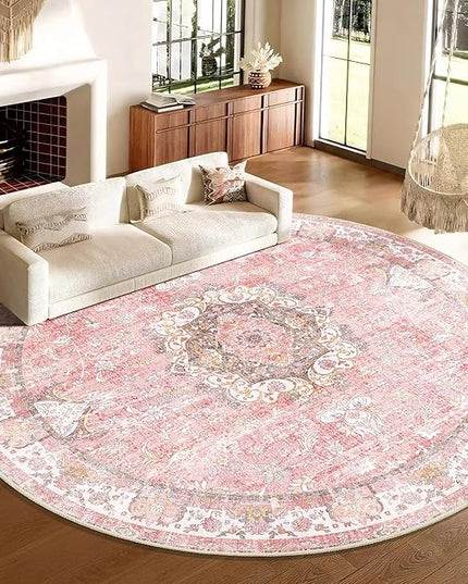 Large Pink Round Rug 9ft,Boho Circle Area Rugs for Bedroom Living Room,Washable Vintage Bohemian Distressed Oriental Floral Carpet Non Slip,Blush Floral Flowers