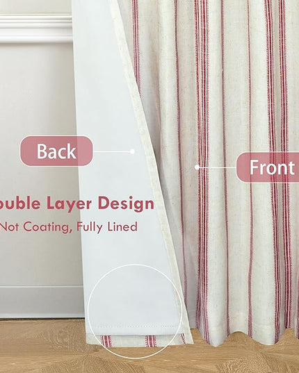 DriftAway Farmhouse Linen Blend Blackout Curtains 96 Inches Long for Bedroom Vertical Striped Printed Linen Curtains Thermal Insulated Lined Treatments for Living Room 2 Panels W52 x L96 Linen Red