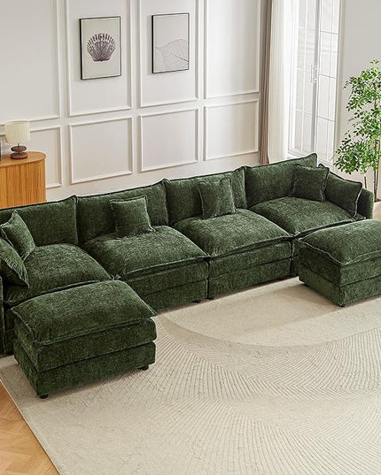 Modular Sectional Sofa, 147.2 Inch U Shaped Couch Set with Armrests, 4-Seater Comfy Cloud Couches with Movable Ottoman for Living Room Apartment, Green