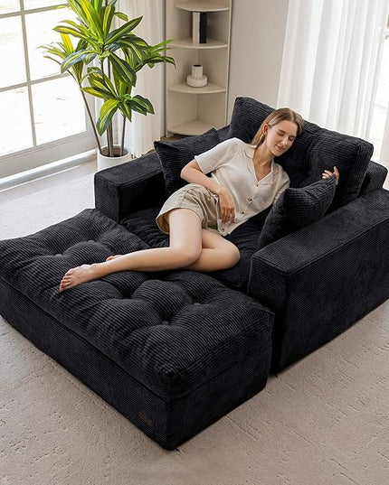 MAXYOYO Modular Sectional Chaise Lounge Sofa, Upholstered Lounge Chair with Ottoman, Comfy Couch with Layered Cushion, Tufted Upholstered Sleeper Chair for Living Room, No Assembly, Black