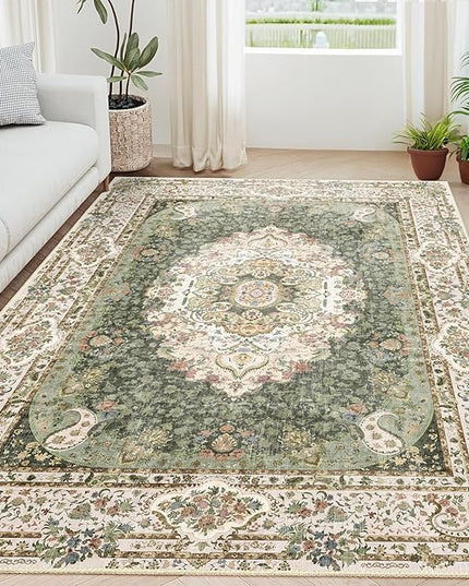5x7 Area Rugs Washable,Green Rug for Living Room Bedroom Kitchen,Large Boho Vintage Bohemian Distressed Carpet Non Slip,Floral
