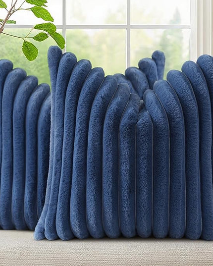 decorUhome Faux Fur Spring Throw Pillow Covers 24x24 Set of 2, Decorative Soft Plush Striped Neutral Couch Euro Pillow Covers with Velvet Back for Sofa, Bed, Living Room Home Decor, Blue