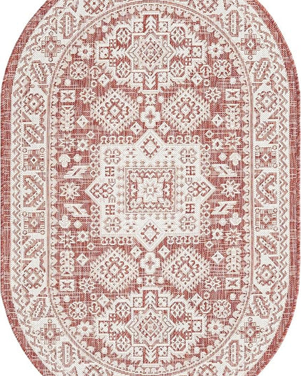 Rugs.com Outdoor Aztec Collection Rug – 3' x 5' Oval Rust Red Flatweave Rug Perfect for Living Rooms, Large Dining Rooms, Open Floorplans