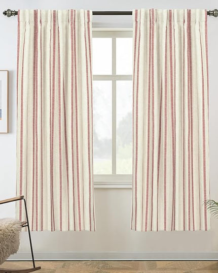 DriftAway Farmhouse Linen Blend Blackout Curtains 63 Inches Long for Bedroom Vertical Striped Printed Linen Curtains Thermal Insulated Lined Treatments for Living Room 2 Panels W52 x L63 Linen Red