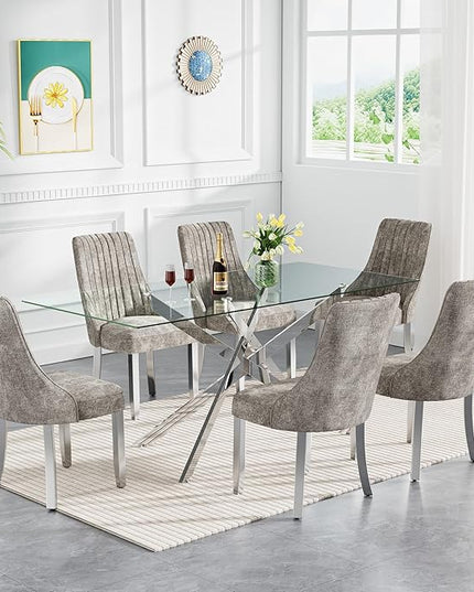 Rectangle Glass Dining Table Set for 6, 52'' Kitchen Table and Chairs Set, 7PCS Modern Dining Room Table Set with 6 Dining Chair for Home