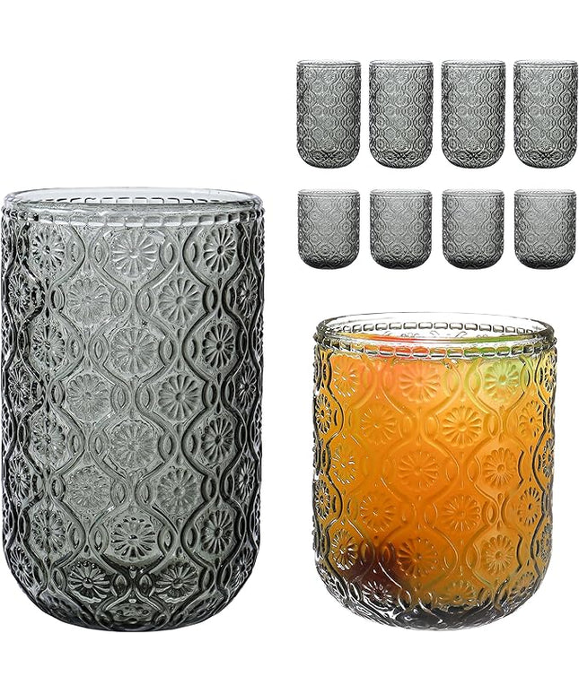 Grey Drinking Glasses Set of 8, 12 Oz Highball & 10 Oz Cocktail Glasses, Gray Kitchen Vintage Glassware Set, Floral Embossed Glass Tumbler Cups for Water, Beer, Juice, Whiskey, Coffee