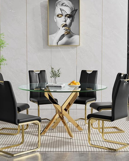 HomVent Round Glass Dining Table Set for 6, 7-Piece Modern Kitchen Table Set with 6 PU Upholstered Chair for Kitchen Dining Room, Glass Dining Room Table Set