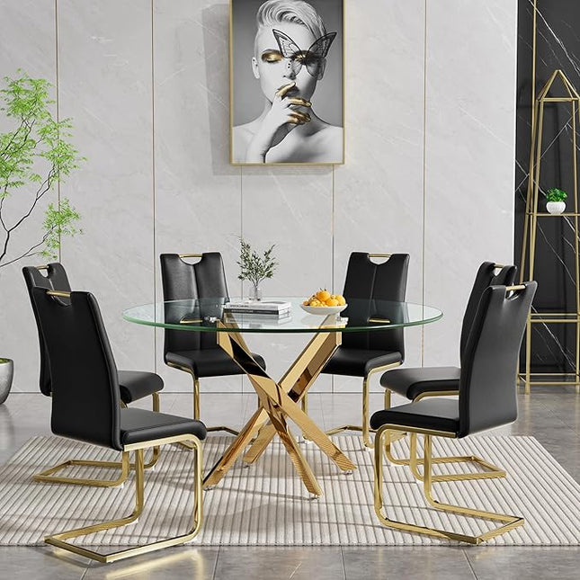 HomVent Round Glass Dining Table Set for 6, 7-Piece Modern Kitchen Table Set with 6 PU Upholstered Chair for Kitchen Dining Room, Glass Dining Room Table Set
