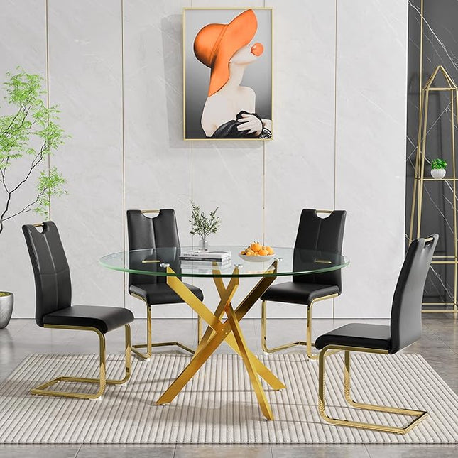 HomVent 5 Piece Round Glass Dining Table Set, Round Glass Kitchen Table Set for 4 with 4 PU Upholstered Dining Chairs for Kitchen Dining Room