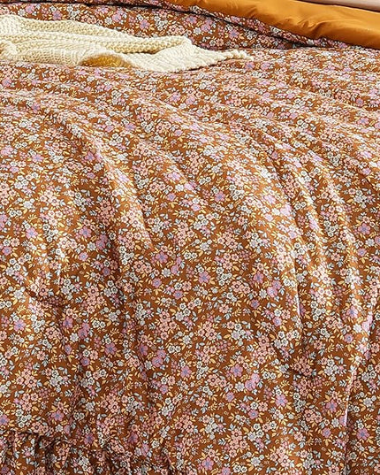 King Comforter Set - 7 Pieces Ruffle Brown Bedding Sets, Shabby Chic Farmhouse Bed in a Bag King with Ruffle Comforter, Floral Sheets, Pillowcases & Shams