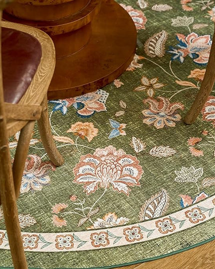 jinchan Elora Floral Corner Rug for Entryway Washable Rug Vintage Romance Christmas Design Non Slip Quarter Circle Lightweight Low-Pile Throw Carpet for Playroom Reading Nook, 4ft Radius, Green