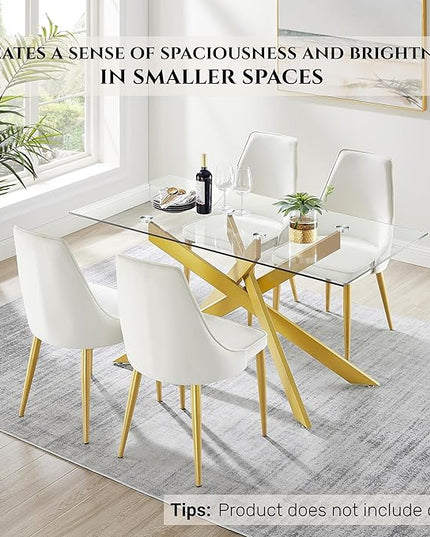 Edwin's Choice 58.5” Rectangle Glass Dining Table, Tempered Glass Table Top and Metal Tubular Legs, Modern Style Table for Home, Kitchen, Dining Room 58.5”Lx29”Wx30”H, Gold
