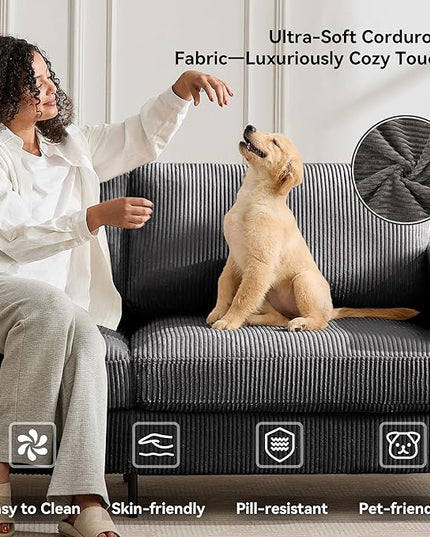 Tbfit 85" Corduroy Couch for Living Room, 3 Seater Mid Century Modern Sofa with Spring Cusions & Extra Deep Seat for Bedroom, Small Comfy Upholstered Couches Easy Assembly with Solid Wood Legs, Grey