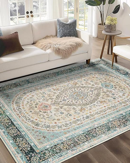Blue Rug 3x5,Washable Area Rugs for Bedroom Living Room Kitchen Entryway,Small Boho Vintage Bohemian Distressed Oriental Non Slip Carpet,Floral