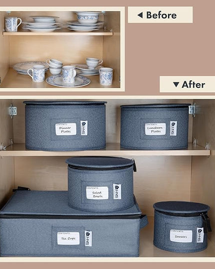 Hard Shell China Storage Containers 5-Piece Set Moving Boxes for Dinnerware, Glasses, Plates, Mugs and Saucers Sturdy Dish Organizer with Dividers for Seasonal Storage - Service for 12 - Denim Blue