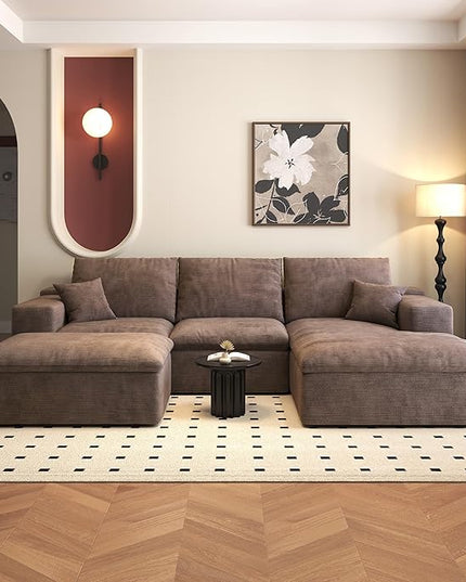 107'' U-Shaped Modern Modular Sectional Cloud Couch Whit Ottoman, 4-Seat Chenille Deep-Seat Sofa with Pillow for Living Room, Bedroom, Apartment, Camel