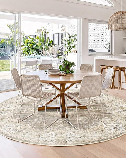 MUJOO Beige Round Rug 6ft,Circle Washable Area Rugs for Bedroom Living Room Bathroom,Boho Large Vintage Bohemian Distressed Farmhouse Non Slip Circular Carpet,Floral