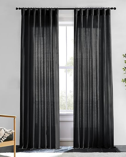 XTMYI Back Tab/Hook Belt Linen Cotton Sheer Curtains for Bedroom,2 Panels,102 Inch Length,Black 50 Inch Wide
