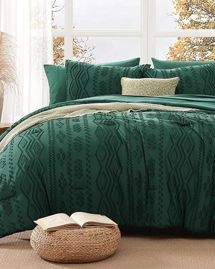 King Size Comforter Set Emerald Green, Tufted Boho Bedding Farmhouse Dark Green Bed Set, All Season 7 Pieces Bed in a Bag with Sheets, Pillowcases & Shams