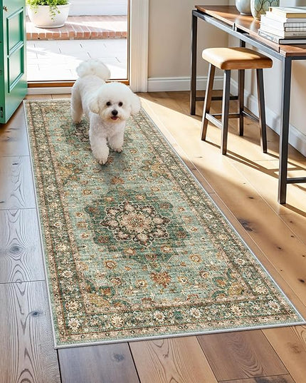 Washable Entryway 2x5 Rug - Small Throw Runners for Kitchen Bathroom Bedroom Non-Slip Ultra-Thin Indoor Door Mat Indoor Entrance - Stain Resistant Vintage Home Decor (Green, 2X5)