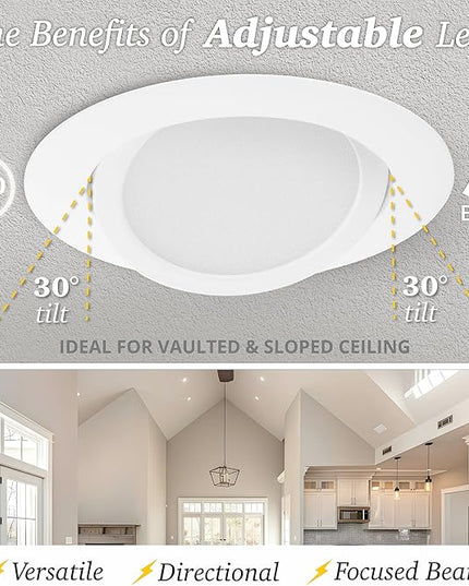 NUWATT 6 inch Gimbal LED Recessed Light Canless Wafer Lights, 5CCT 2700K/3000K/3500K/4000K/5000K, Dimmable, 1050LM, 12W, Ultra-Thin Angled Recessed Lighting Directional LED Downlight, ETL, 6 Pack