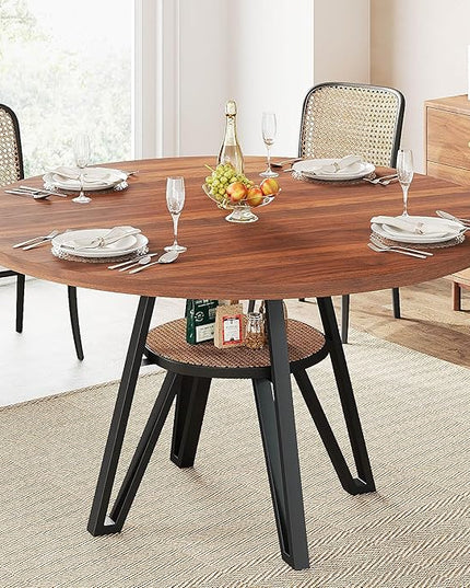 LIKIMIO Round Dining Table for 4, 47.2” Wooden Kitchen Table with Rattan Storage Shelf, Space-Saving for Modern Dining Room, Living Room, Walnut