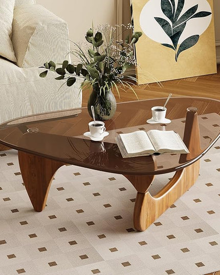 Coffee Table for Living Room Mid Century Modern Center Table with Glass Top and Wood, Brown/Walnut