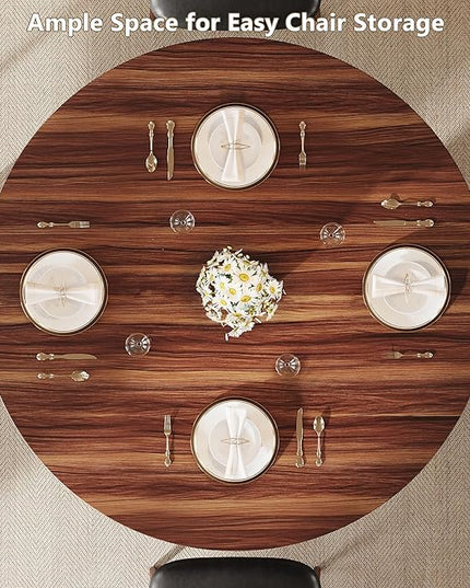 Round Dining Table for 4-6, Kitchen Table with Sturdy Double Arc & Rounded Base & Backboard Clasp Desktop, Mid-Century Modern Circle Dinner Table for Dining Living Room, Space Saving, Walnut