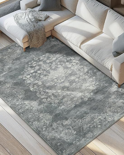 jinchan Vintage Floral 5x7 Area Rugs - Machine Washable Distressed Design Soft Ultra-Thin Low-Pile Non-Slip Carpet for Kitchen Bedroom Nursery Living Room Dining Room Home Office (5x7ft, Grey)