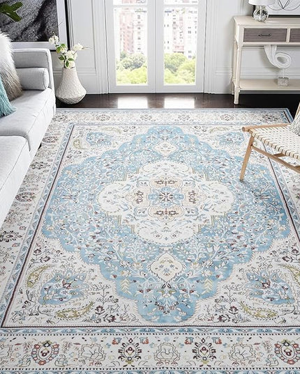 Ciicool Oriental Area Rug 5x7 for Living Room Washable Rugs Blue Floral Medallion Large Rugs Non-Slip Low-Pile Mat Floor Carpets Vintage Rug for Dining Bedroom Foyer Decor (Sky/Baby Blue)