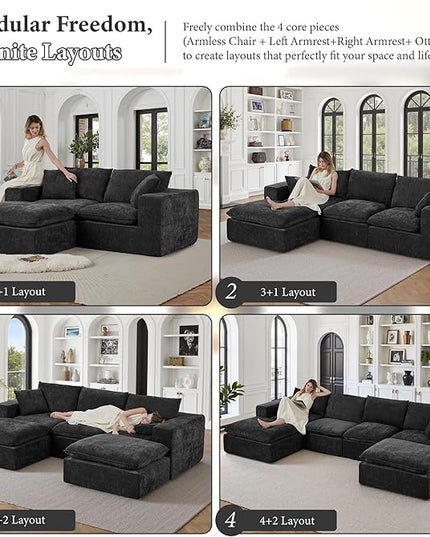 108" Sectional Couches for Living Room Boneless Couch Upholstered Cloud Couchs Sectional Modular Sectional Sofa with L Shaped (Chenille-Black, 3 Seat+1 Ottoman)