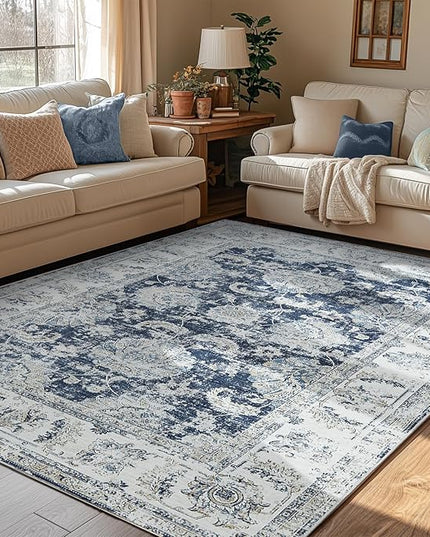 jinchan Vintage Floral 5x7 Area Rug for Bedroom - Machine Washable Distressed Design Stain Resistant Boho Carpet Ultra-Thin Low Pile Non-Slip Rug for Living Room Dining Room Kitchen (5‘x7', Dark Blue)