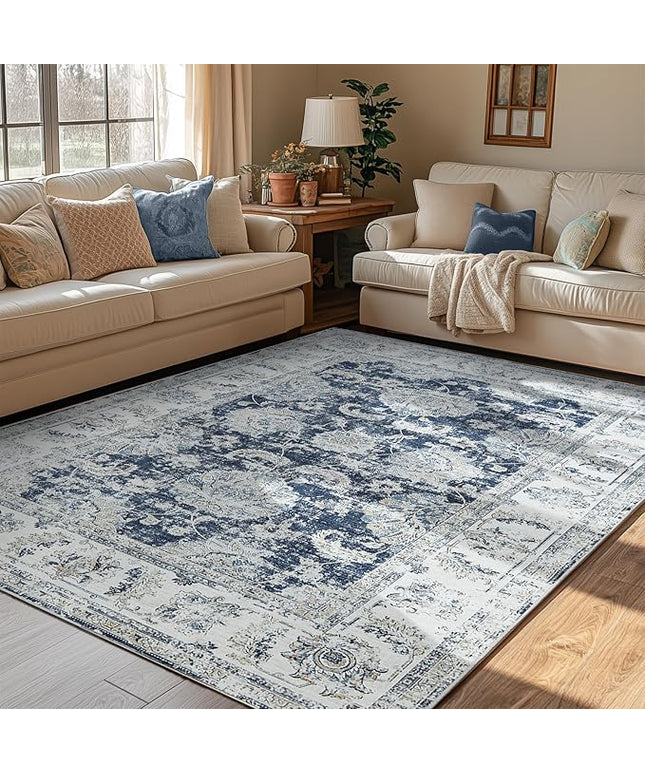 jinchan Vintage Floral 5x7 Area Rug for Bedroom - Machine Washable Distressed Design Stain Resistant Boho Carpet Ultra-Thin Low Pile Non-Slip Rug for Living Room Dining Room Kitchen (5‘x7', Dark Blue)