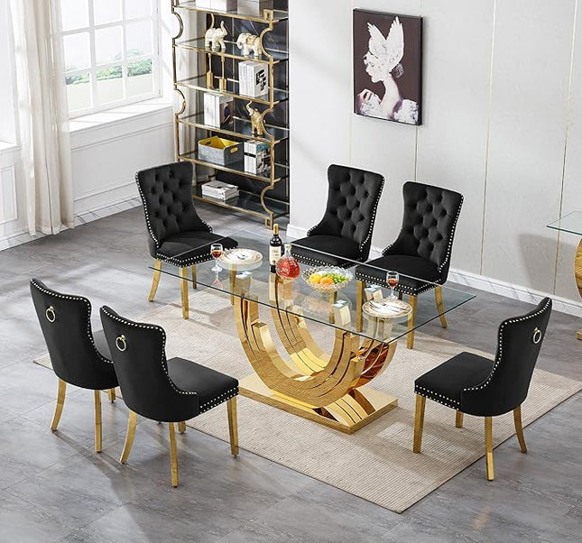 Henf 7-Piece Glass Dining Table Set with 6 Upholstered Dining Chairs, Large Gold Dining Table and Chair Set for 6, Modern Kitchen Table Furniture for Dining Room, Stainless Steel Base and Glass Top