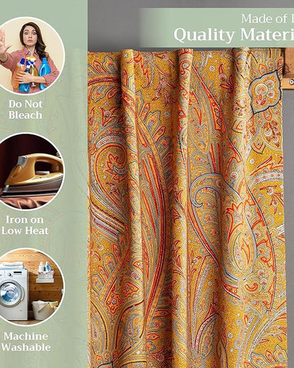 Maison d' Hermine Curtains for Living Room 100% Cotton 124 inch Length One Panel Light Filtering Curtains for Bedroom Windows with Rod and Loop Pockets Drapes (Kashmir Paisley Gold, 50" W x 124" L)