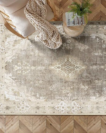 MUJOO Beige Rug 3'x5' Washable, Boho Area Rugs for Entryway Bedroom Living Room Kitchen,Small Vintage Bohemian Distressed Farmhouse Non Slip Carpet,Floral