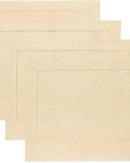Solino Home Linen Placemats Set of 4 - Classic Hemstitch Beige Placemats 14 x 19 Inch - 100% Pure Linen Table Mats for Christmas, New Year