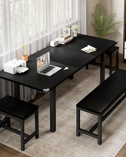 Feonase 5-Piece Dining Table Set for 4-8 People, 63" Large Extendable Kitchen Table Set with 2 Benches and 2 Square Stools, Dining Room Table with MDF Wood Board, Easy Assembly, Black
