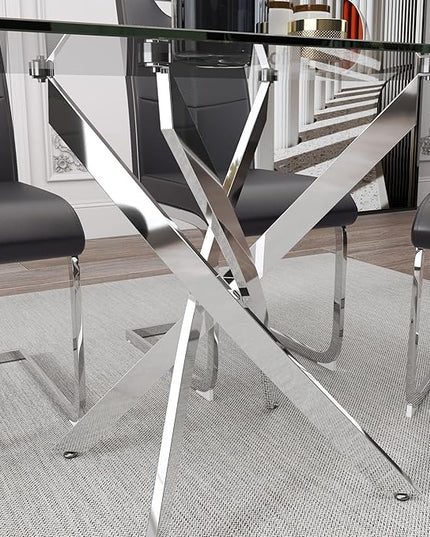 5 Piece Dining Table Table Set, Modern Tempered Glass Dining Table Set for 4 Kitchen Table Set with 4 Upholstered Chairs for Kitchen Dining Room (Sliver Table with Grey Hoop Leg Chairs)