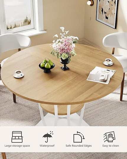 Round Dining Table for 4, 3-Tier Dinner Room Tables with Storage Shelf, Space Saving Small Kitchen Table, Farmhouse Dinner Table with Wooden Tabletop and Hexagonal Base (Wood, 42inch)