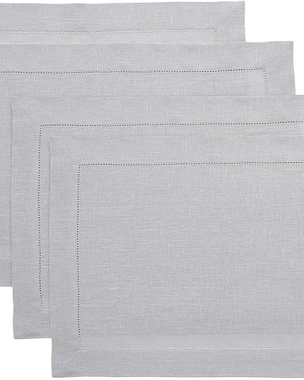 Solino Home Linen Placemats Set of 4 - Classic Hemstitch Soft Grey Placemats 14 x 19 Inch - 100% Pure Linen Table Mats for Christmas, Winter, New Year