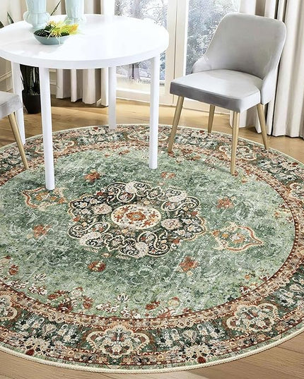 Green Round Rug 5ft, Circle Boho Area Rugs for Bedroom Living Room,Washable Vintage Bohemian Distressed Oriental Floral Carpet Non Slip,Sage
