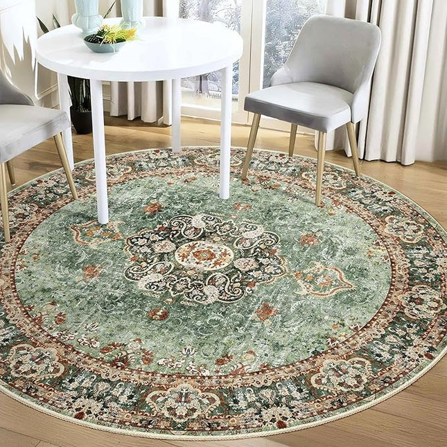 Green Round Rug 5ft, Circle Boho Area Rugs for Bedroom Living Room,Washable Vintage Bohemian Distressed Oriental Floral Carpet Non Slip,Sage